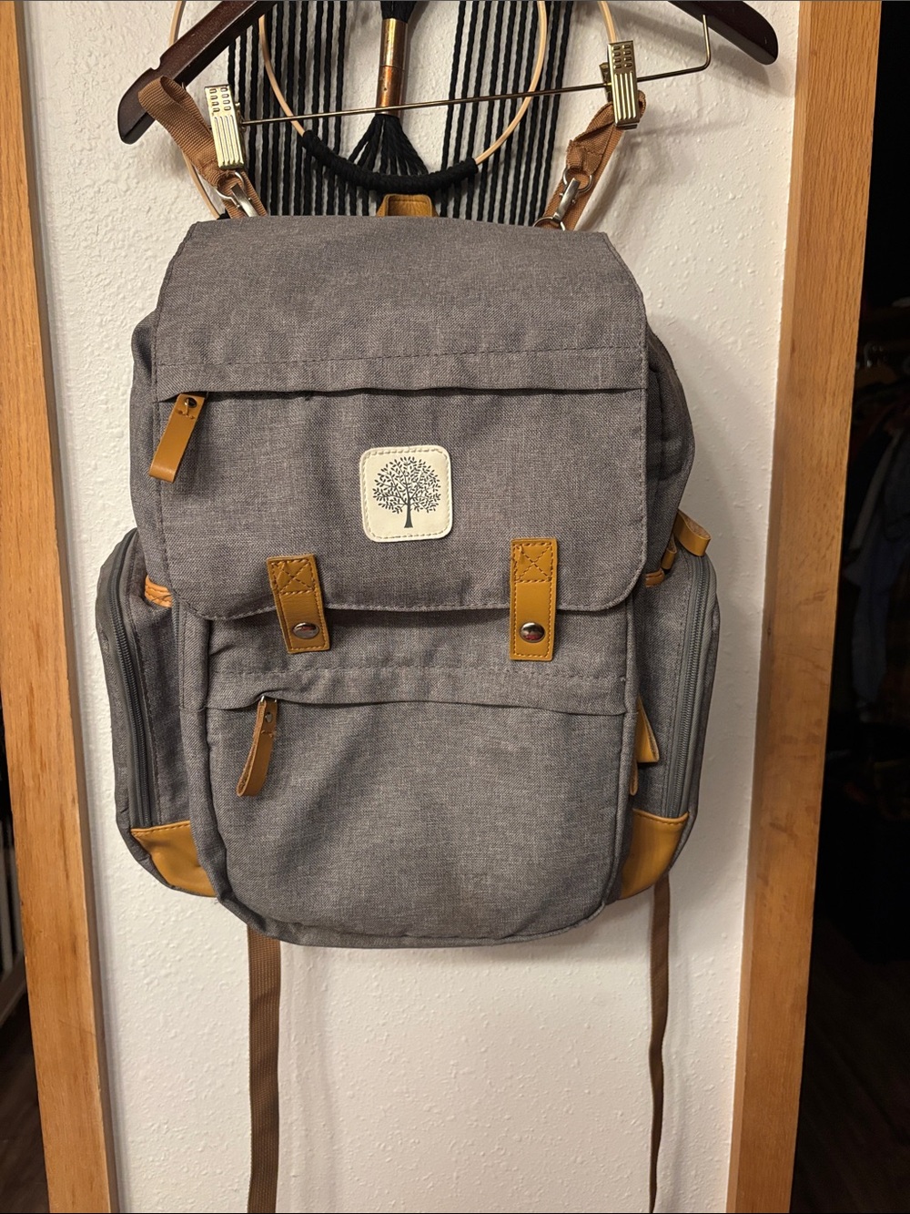 Gray Baby Backpack Diaper Bag with Tan Accents - Versatile Everyday Bag